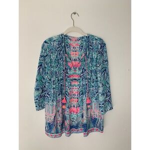 Lilly Pulitzer Marilina Tasseled Tunic Top XXS Lileeze Fabric Resort Palm Beach